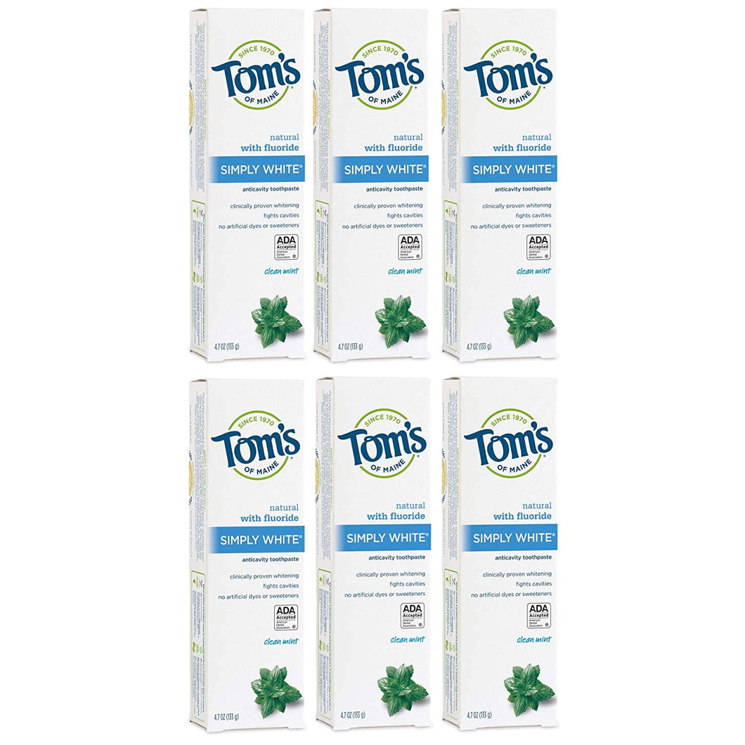 Tom’s of Maine Simply White Natural Toothpaste, Whitening Toothpaste, Natural Toothpaste, Clean Mint, 4.7 Ounce, 6-Pack